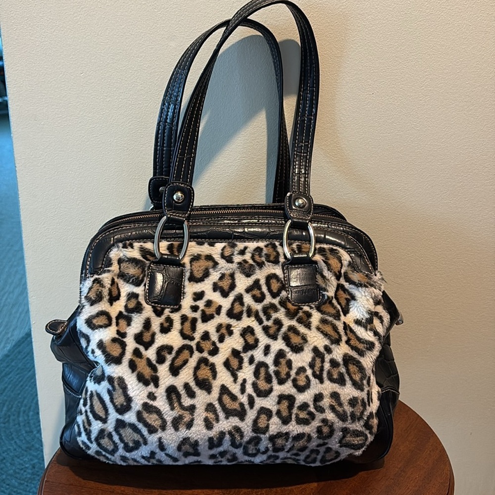 Kathy Van Zeeland   Leopard Faux fur shoulder bag  Croc leather trim 3 compartme - Picture 7 of 17